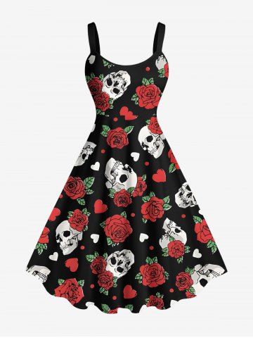 Plus Size Rose Flower Leaf Skull Heart Print A Line Tank Dress - RED - 6X