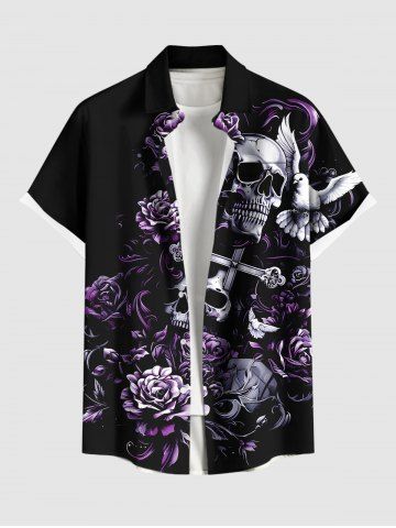 Plus Size Rose Flower Skull Cross Bird Print Button Pocket Shirt For Men - BLACK - 4XL