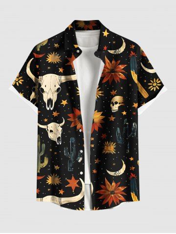 Plus Size Skull Flower Moon Star Bull Head Cactus Print Hawaii Western Cowboy Style Button Pocket Shirt For Men - BLACK - 4XL
