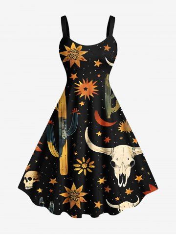 Plus Size Skull Flower Moon Star Bull Head Cactus Print Hawaii Western Cowboy Style A Line Tank Dress - BLACK - L