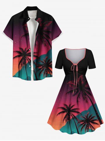 Coconut Tree Ombre Galaxy Print Plus Size Matching Hawaii Beach Outfit For Couples - RED