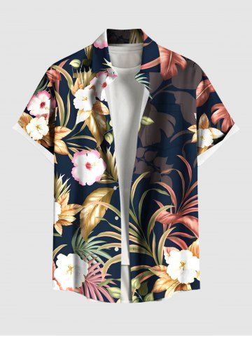 Plus Size Tropical Leaf Hibiscus Flower Print Hawaii Button Pocket Shirt For Men - BLACK - 5XL