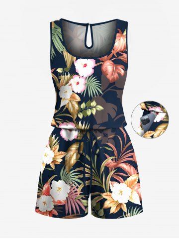 Plus Size Tropical Leaf Hibiscus Flower Print Hawaii Drawstring Pocket Romper - BLACK - 4X