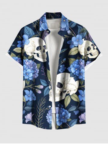 Plus Size Skull Flower Leaf Branch Print Hawaii Button Pocket Shirt For Men - BLUE - S