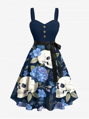 Plus Size Skull Flower Leaf Branch Print Button A Line Dress with Removable Belt - BLACK - S