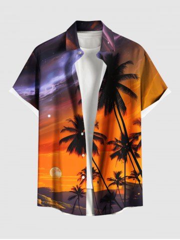 Plus Size Coconut Tree Sunset Galaxy Print Hawaii Button Pocket Shirt For Men - ORANGE - 6XL