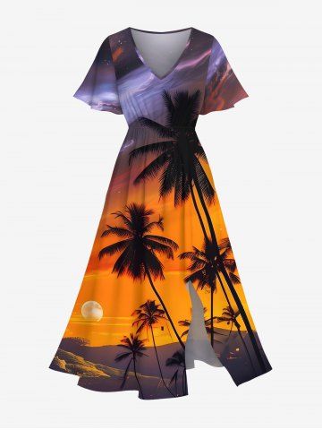 Plus Size Coconut Tree Sunset Galaxy Print Hawaii Split Pocket A Line Midi Dress - ORANGE - XS