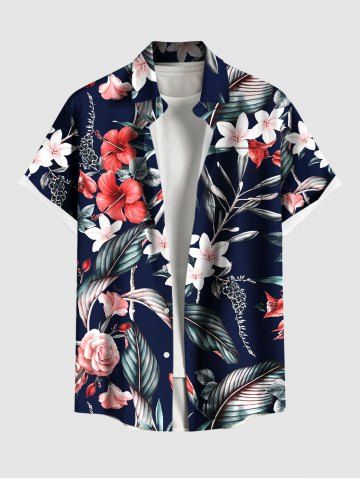 Plus Size Tropical Leaf Hibiscus Flower Print Hawaii Button Pocket Shirt For Men - BLACK - 3XL