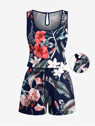 Plus Size Tropical Leaf Hibiscus Flower Print Hawaii Drawstring Pocket Romper - BLACK - 2X