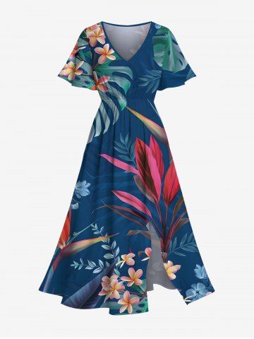 Plus Size Tropical Leaf Hibiscus Flower Print Hawaii Split Pocket A Line Midi Dress - BLUE - XXS