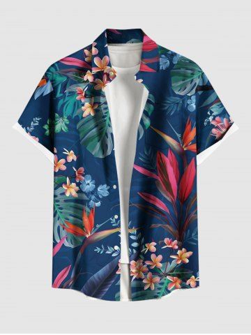 Plus Size Tropical Leaf Hibiscus Flower Print Hawaii Button Pocket Shirt For Men - BLUE - 5XL