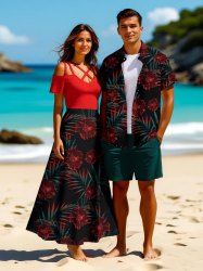 Tropical Leaf Hibiscus Flowers Print Plus Size Matching Hawaii Beach Outfit For Couples -  