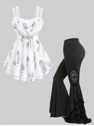 Rose Print Lace Trim Surplice Tank Top and Skull Flocking Appliques Flare Pants Plus Size Outfit -  