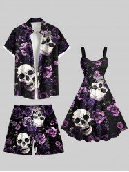 Skulls Rose Flower Print Plus Size Matching Outfit For Couples -  