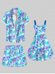 Tenue de plage hawaïenne assortie grande taille à imprimé fleurs et feuilles de palmier pour couples - Bleu clair 