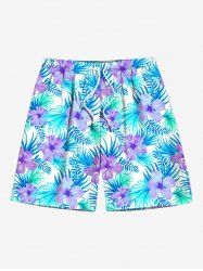 Short de plage hawaïen grande taille à imprimé feuilles tropicales et fleurs d'hibiscus pour homme - Bleu clair 7XL
