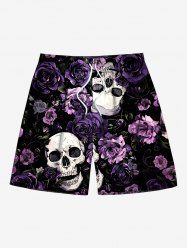 Short de plage hawaïen grande taille à imprimé tête de mort et roses pour homme - Noir L