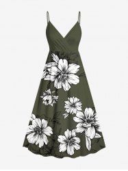 Plus Size Flowers Leaf Print Surplice Hawaii Cami Dress -  
