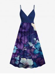 Robe camisole hawaïenne grande taille à imprimé fleurs d'hibiscus et à surplis - Pourpre  3X