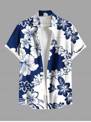 Chemise hawaïenne grande taille à imprimé fleurs d'hibiscus bicolores et blocs de couleurs, avec poches et boutons, pour homme - Bleu 2XL