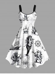 Plus Size Skull Pirate Mermaid Ship Rudder Cruise Print Hawaii Tank Dress - Blanc XS