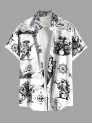 Plus Size Skull Pirate Mermaid Ship Rudder Cruise Print Buttons Pocket Hawaii Shirt For Men -  