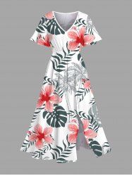 Robe mi-longue hawaïenne fendue grande taille à imprimé cocotier, feuilles tropicales et fleurs d'hibiscus - Blanc L