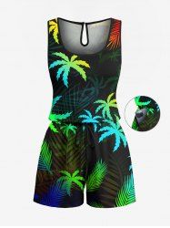 Plus Size Coconut Tree Tropical Leaf Print Cinched Hawaii Romper -  