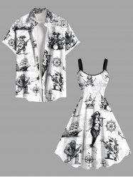 Skull Pirate Mermaid Ship Rudder Cruise Print Plus Size Matching Hawaii Beach Outfit For Couples -  