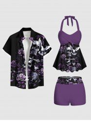 Rose Flower Skull Cross Bird Print Shirt Swimsuit Plus Size Matching Outfit For Couples -  