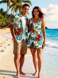 Ensemble chemise et barboteuse hawaïennes assorties, grande taille, tenue de plage, imprimé feuilles tropicales, hibiscus et fleurs, pour couples - Vert 