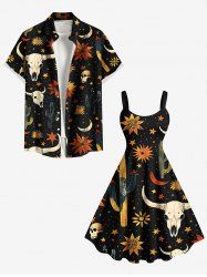 Skull Flower Moon Cactus Print Western Cowboy Style Plus Size Matching Outfit For Couples -  