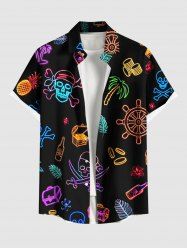 Plus Size Coconut Tree Skull Pirate Pineapple Ship Rudder Print Buttons Pocket Hawaii Shirt For Men -  