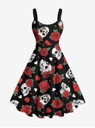 Plus Size Rose Flower Leaf Skull Heart Print A Line Tank Dress -  