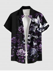 Chemise grande taille à imprimé floral, tête de mort, croix et oiseaux, boutonnée et poche pour homme - Noir 6XL