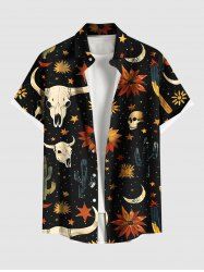 Plus Size Skull Flower Moon Star Bull Head Cactus Print Hawaii Western Cowboy Style Button Pocket Shirt For Men -  