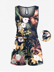 Plus Size Tropical Leaf Hibiscus Flower Print Hawaii Drawstring Pocket Romper -  