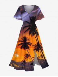 Robe mi-longue hawaïenne grande taille à imprimé cocotiers, coucher de soleil et galaxie - Orange XS