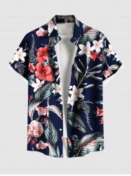 Plus Size Tropical Leaf Hibiscus Flower Print Hawaii Button Pocket Shirt For Men -  