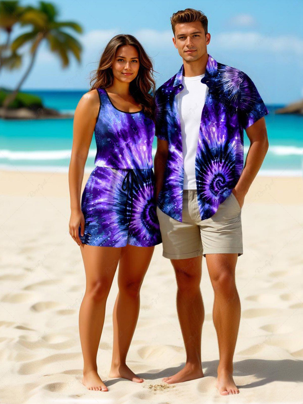 Hot Matching Hawaii Shirt and Romper Plus Size Beach Outfit Spiral Tie Dye Galaxy Print For Couples  