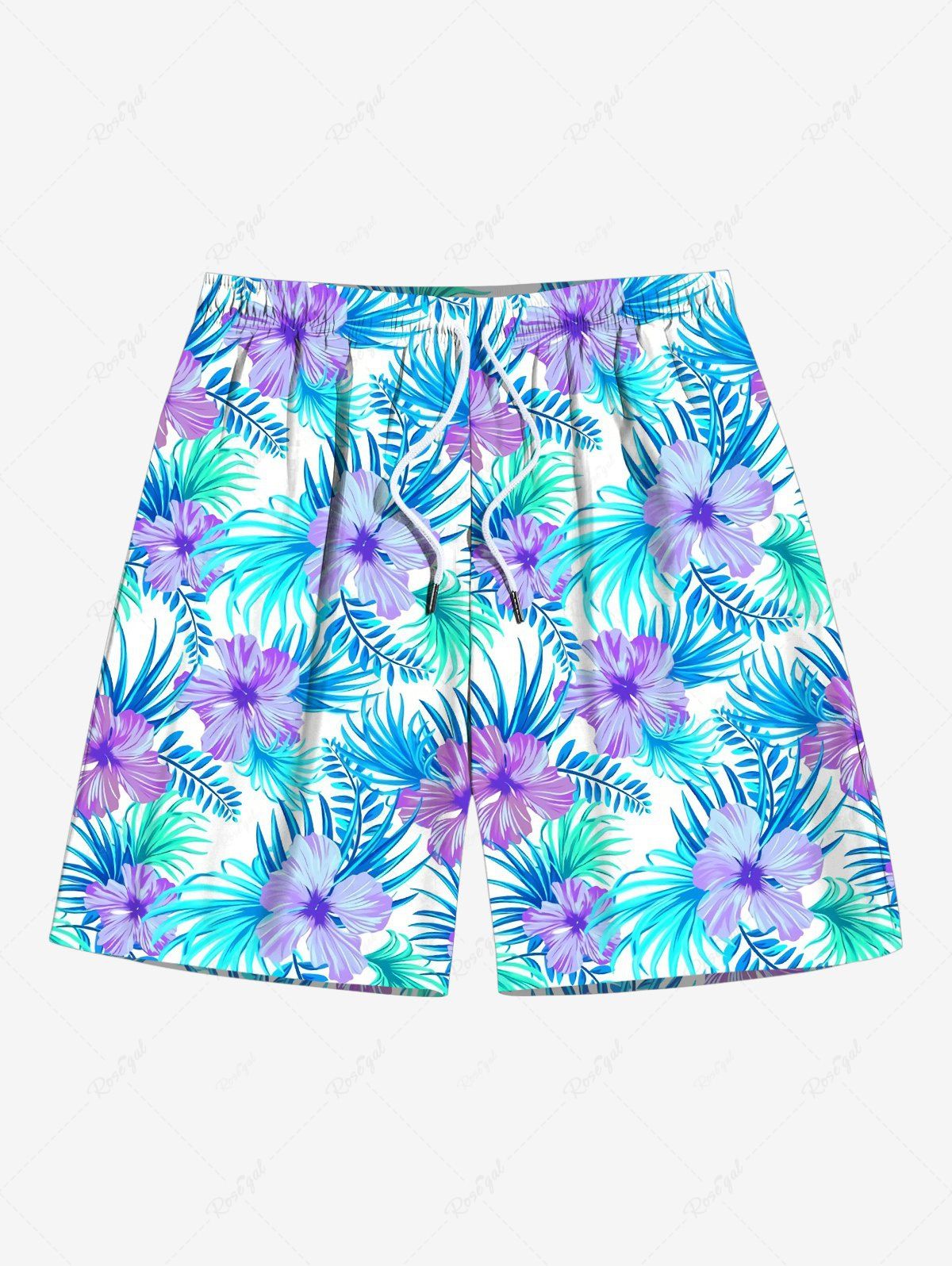 Fashion Plus Size Hibiscus Flowers Tropical Leaf Print Hawaii Beach Shorts For Men  