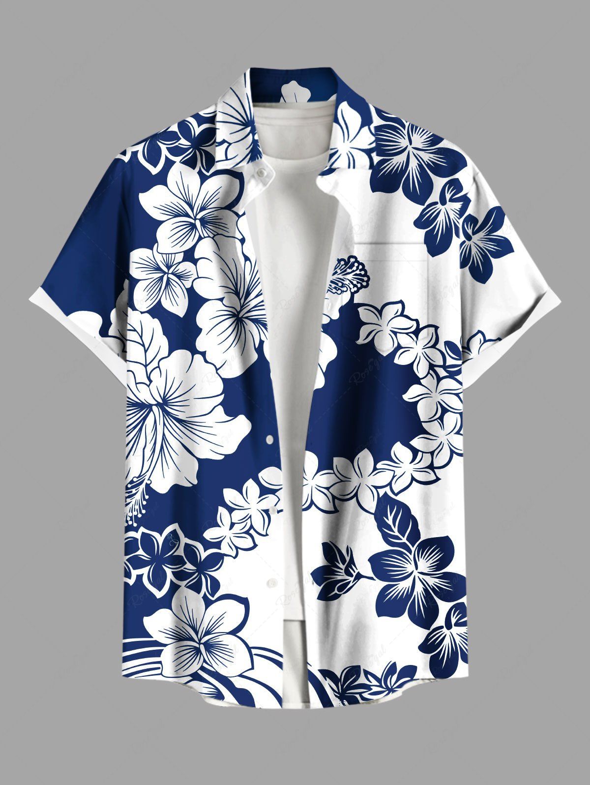 Online Plus Size Two Tone Hibiscus Flowers Colorblock Print Buttons Pocket Hawaii Shirt For Men  