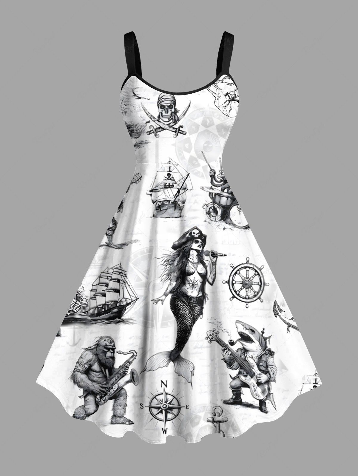 Outfit Plus Size Skull Pirate Mermaid Ship Rudder Cruise Print Hawaii Tank Dress  