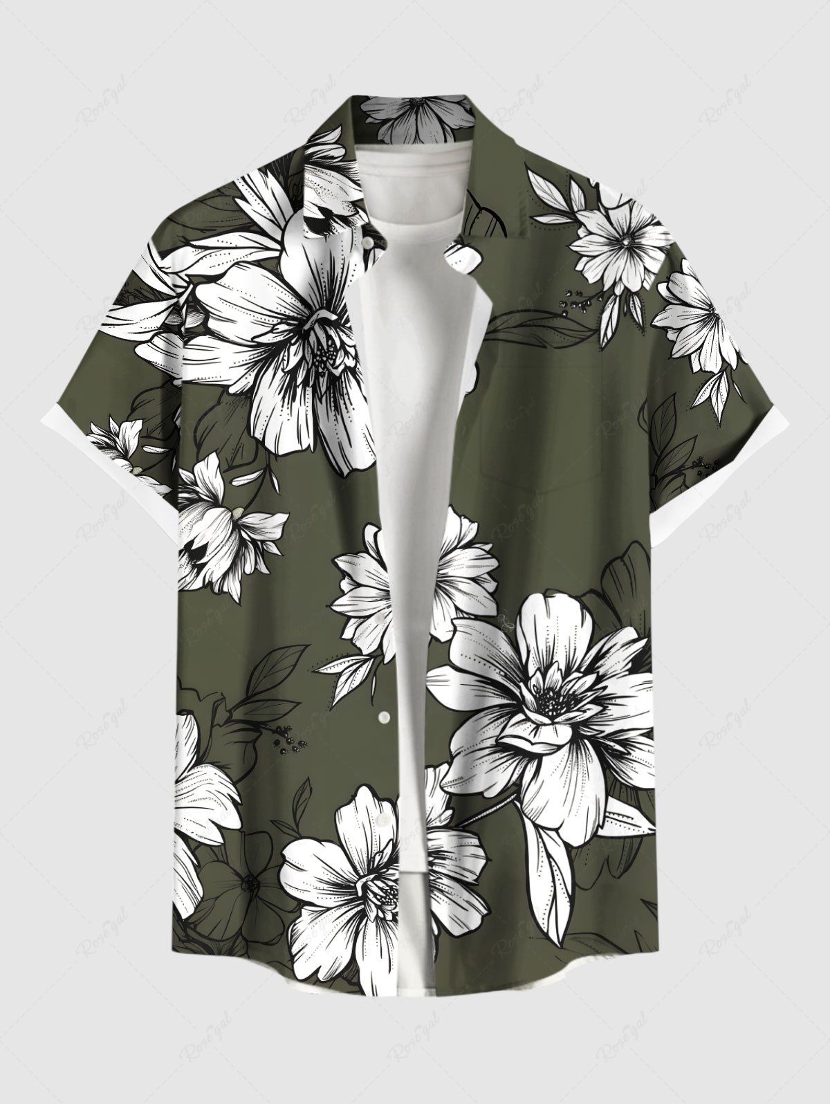 Affordable Plus Size Flowers Leaf Print Buttons Pocket Hawaii Shirt For Men  