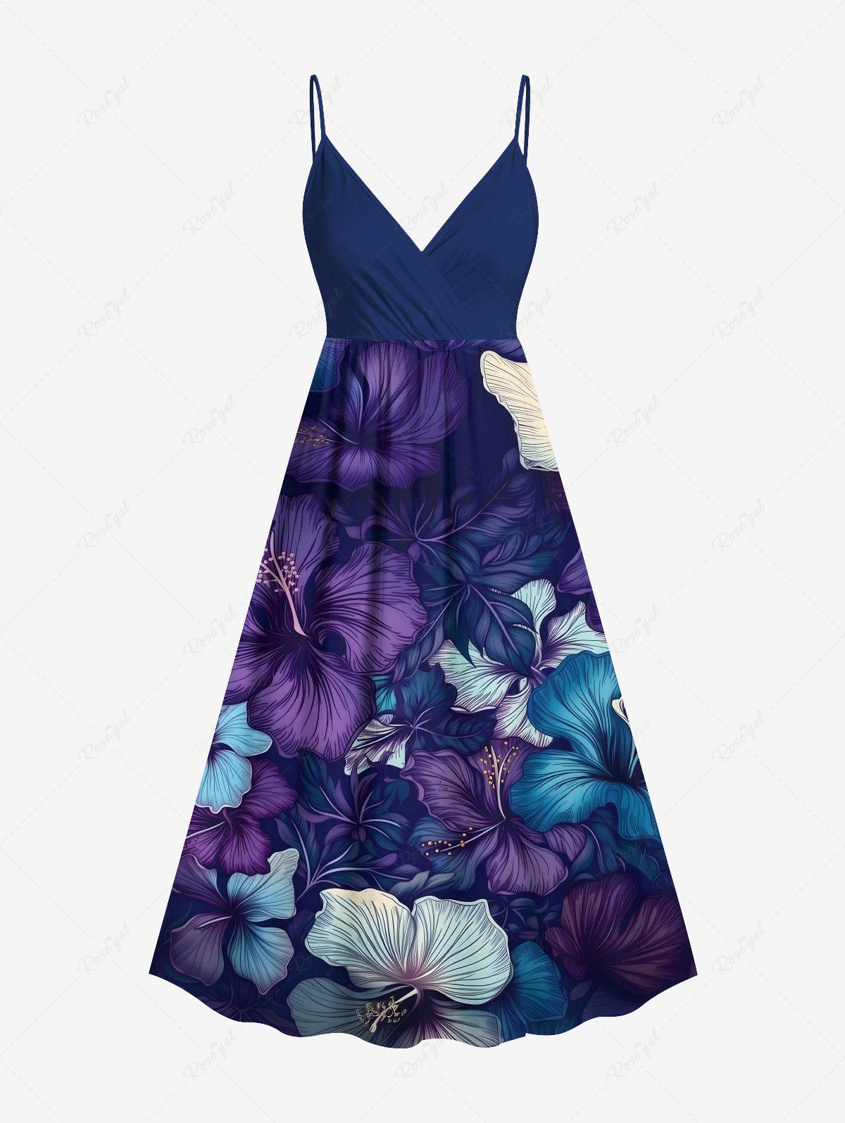 Hot Plus Size Hibiscus Flowers Print Surplice Hawaii Cami Dress  
