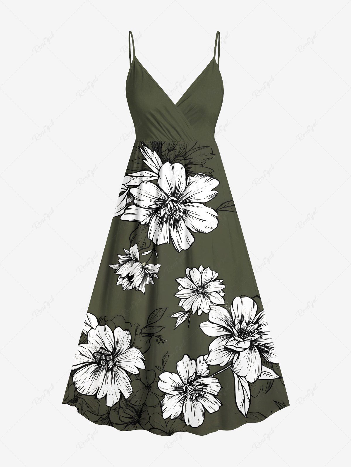Online Plus Size Flowers Leaf Print Surplice Hawaii Cami Dress  