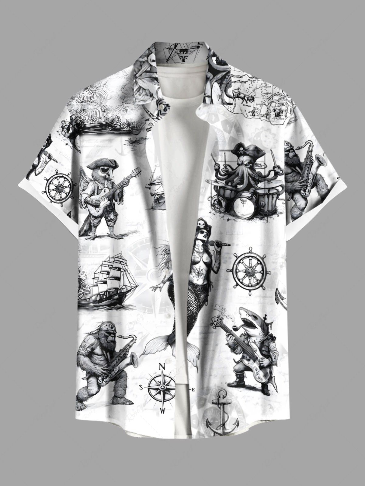 Unique Plus Size Skull Pirate Mermaid Ship Rudder Cruise Print Buttons Pocket Hawaii Shirt For Men  