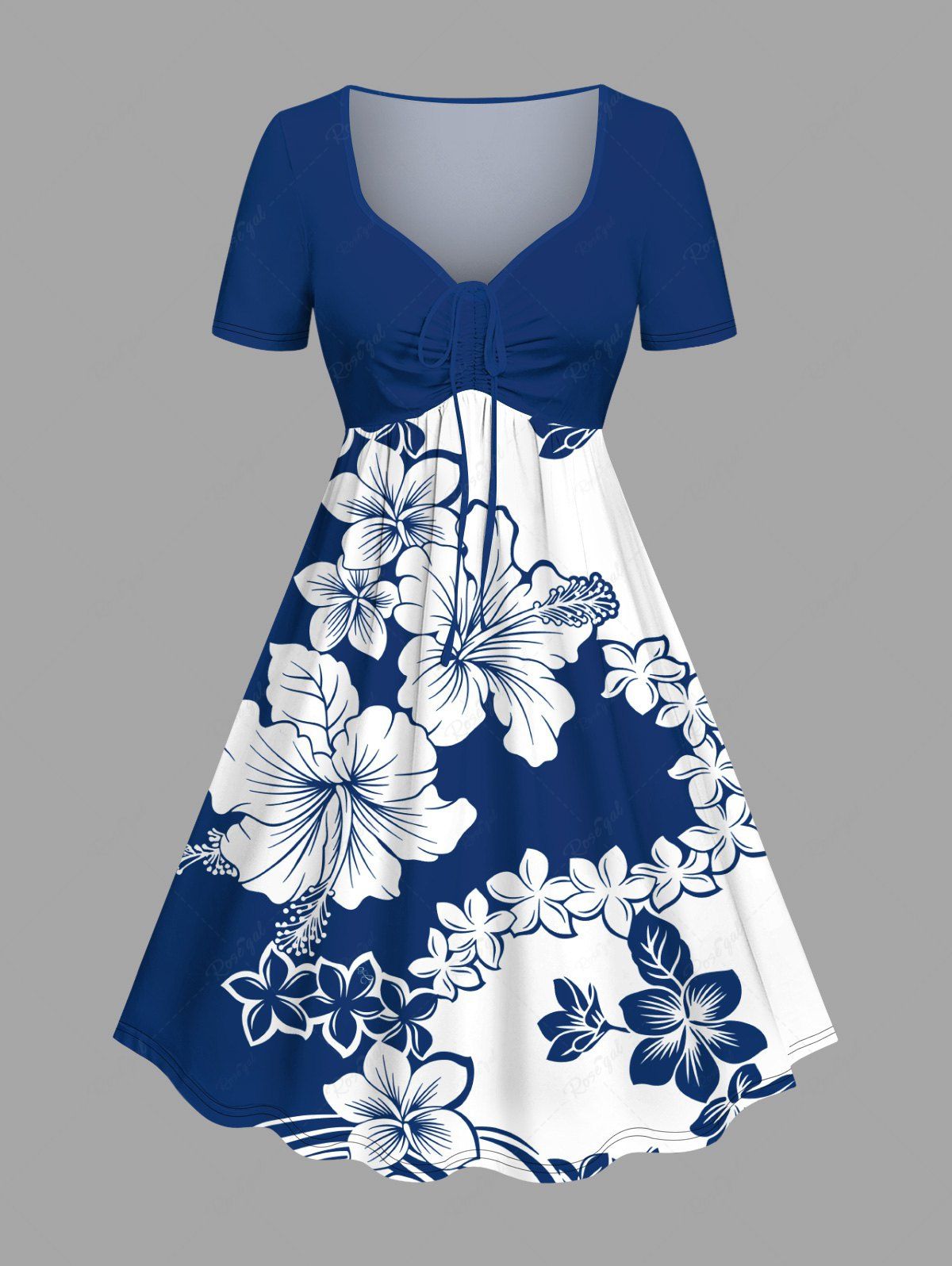Robe hawaïenne cintrée grande taille à imprimé fleurs d'hibiscus bicolores Bleu 3X
