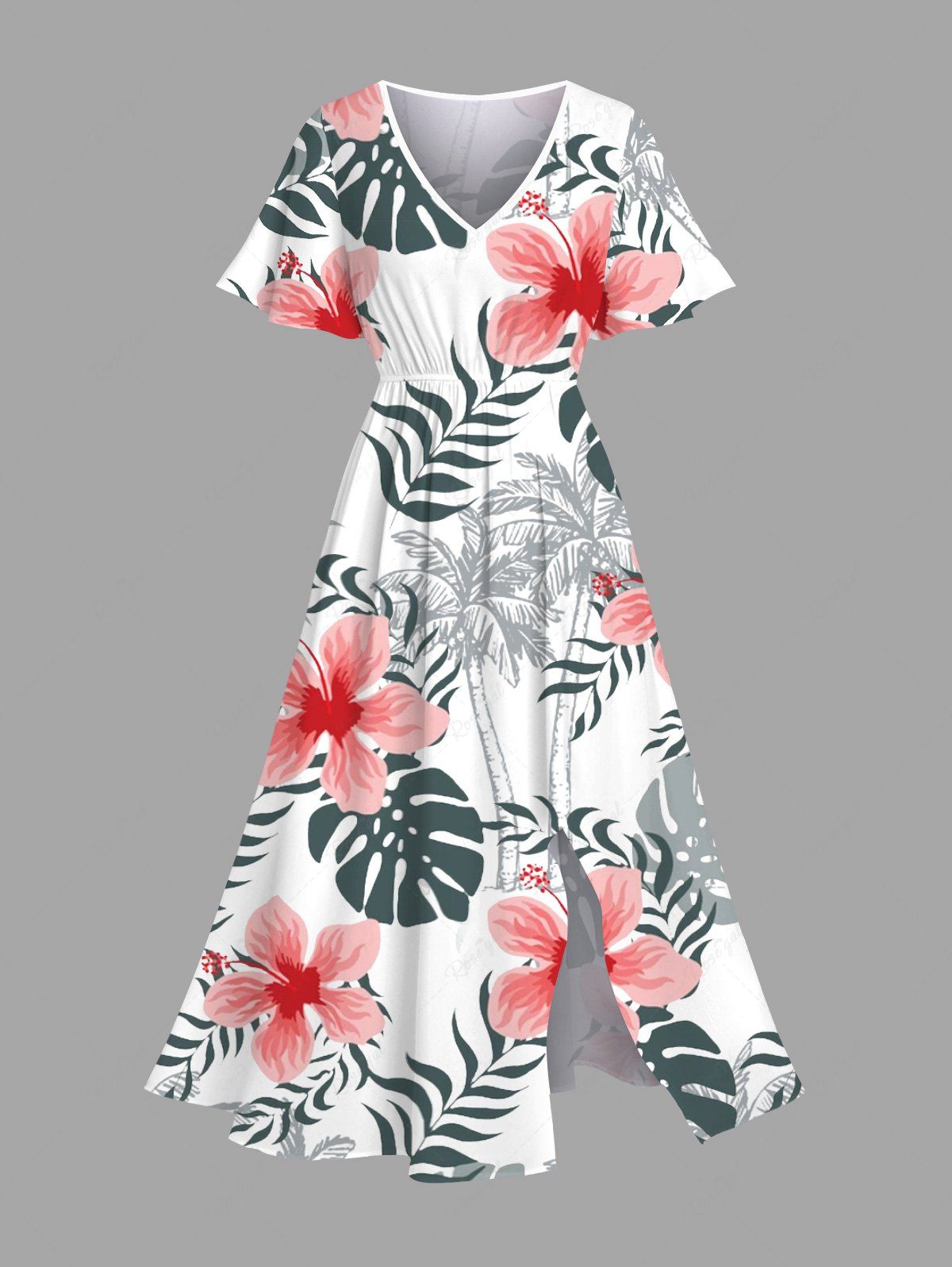Robe mi-longue hawaïenne fendue grande taille à imprimé cocotier, feuilles tropicales et fleurs d'hibiscus Blanc 6X