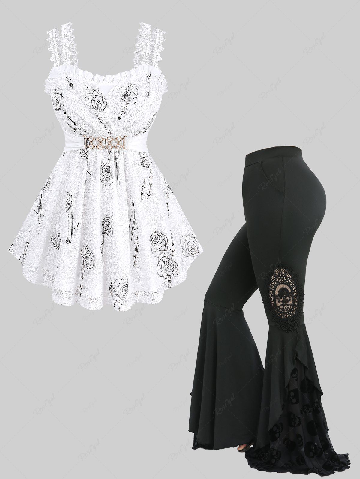 Unique Rose Print Lace Trim Surplice Tank Top and Skull Flocking Appliques Flare Pants Plus Size Outfit  